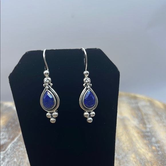 Sterling Silver and Blue Lapis Gemstone Teardrop Earrings  Ornate Metalwork 925 - Picture 1 of 12